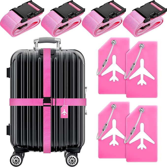 Weewooday 8 Pcs Luggage Straps Suitcase Tags Set for TSA Approved, 4 Travel Adjustable Suitcase Belt, 4 Silicone Luggage Tags with Name ID Card Travel Accessories(Pink,Airplane)