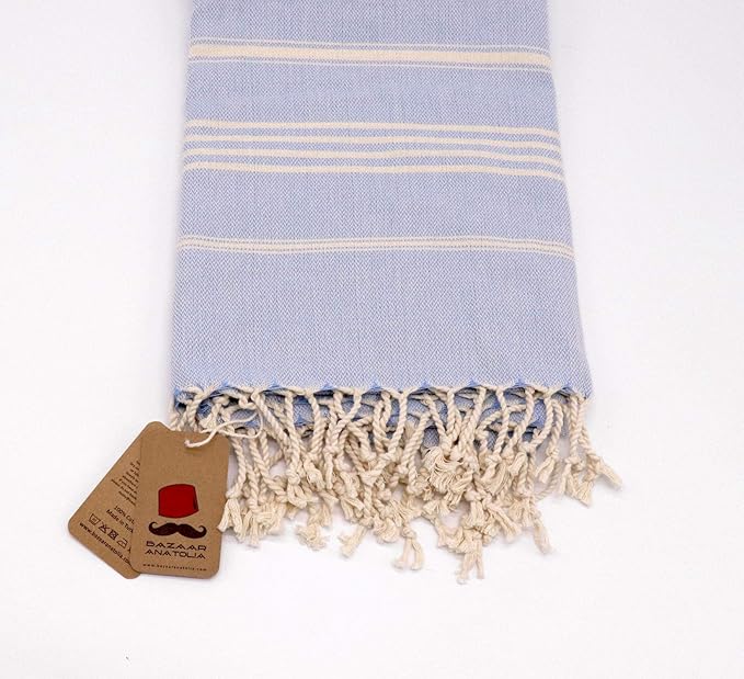 Bazaar Anatolia Slim Line Turkish Towel 100% Cotton Peshtemal Beach Towel 76x38 Thin Lightweight Travel Camping Bath Sauna Gym Pool Blanket Quick Dry Towels (Blue) - Made in Turkiye