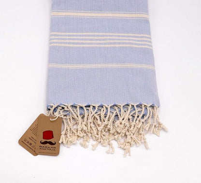 Bazaar Anatolia Slim Line Turkish Towel 100% Cotton Peshtemal Beach Towel 76x38 Thin Lightweight Travel Camping Bath Sauna Gym Pool Blanket Quick Dry Towels (Blue) - Made in Turkiye