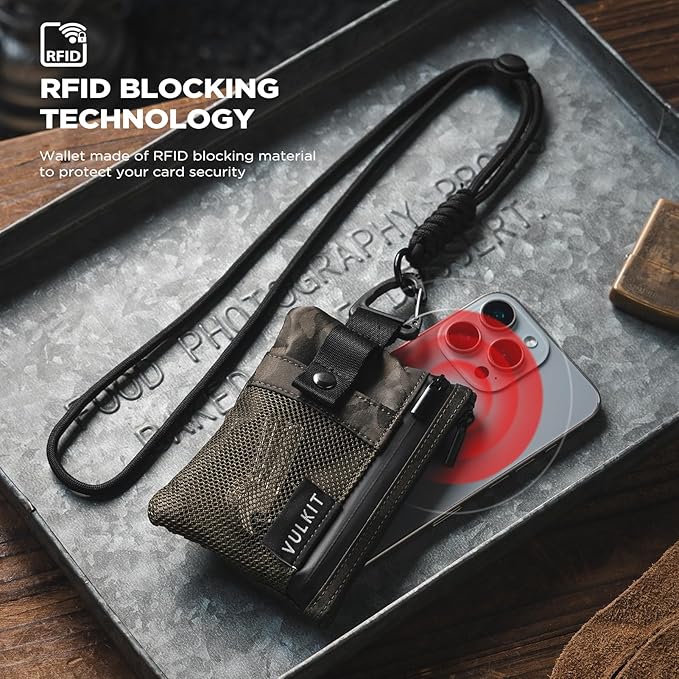 VULKIT Small RFID Wallet for Women & Men – Minimalist Zipper Wallet with ID Window, Keychain & Carabiner, Holds 15 Cards, Water Resistant Travel Lanyard Wallet Camouflage