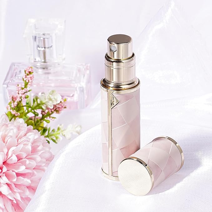 LUEXBOX 5ml Refillable Perfume Bottle, Faux Leather Atomizer Perfume Spray Pump, Portable Fragrance Mist Dispenser for Travel, Scent Mini Bottle with Pocket Size (Peach)