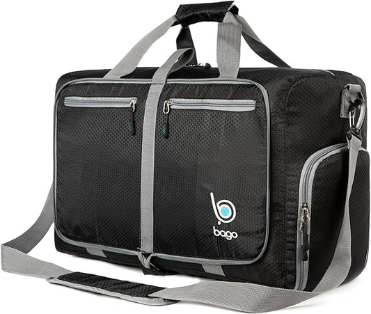 Bago Foldable Duffel Bags for Traveling Women & Men - 40L Sports Packable Duffle Bag for Travel with Shoe Compartment - Water Repellant, Heavy Duty, Lightweight Folding & Collapsible (Black)