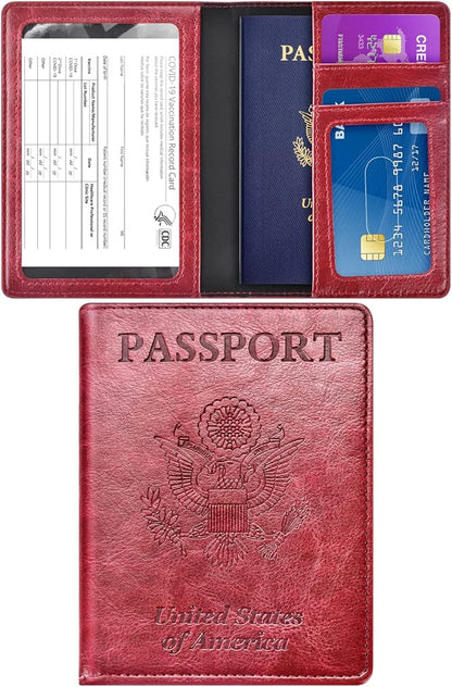 Real Leather Wallet RFID Family Passport Holder Waterproof Travel Black (Red)