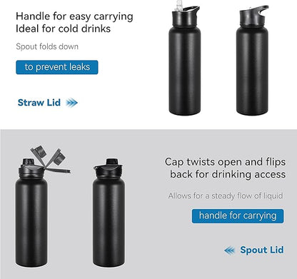 VEGOND 40 oz Insulated Water Bottle Stainless Steel Metal Water Bottles with Leak Proof Straw Lid & Spout Lid, Wide Mouth Double Walled Vacuum Travel Sports Bottle, Black