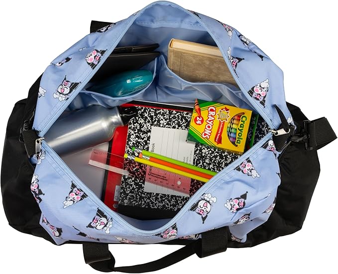 Kuromi Girls Duffle Bag, 16 x 10 x 6.5 inch, Travel Sleepover Dance Bag with Pockets, Purple