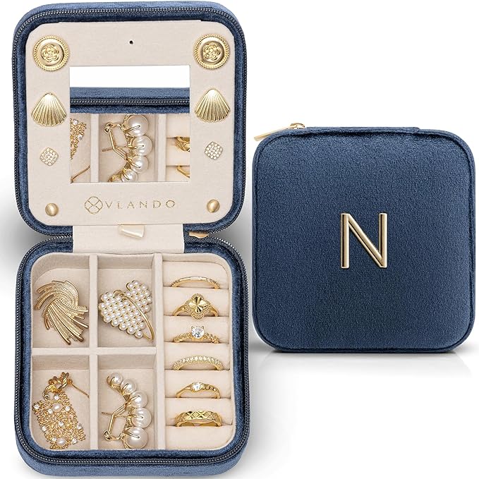 Vlando Graduation Gifts for Her, Graduation Travel Gifts for Women, 2025 Graduation Gifts Travel Accessories for Girls, Graduation Travel Essentials Small Jewelry Box - Letter N, Dark Blue