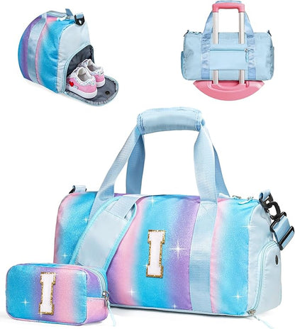 Birthday Gifts for Granddaughter-Girl Gym Bag with Shoe Compartment, Kid Personalized Weekender Overnight Bags, Initial Travel Tote with Makeup Pouch Valentine's Day Gift for Kids (Letter I)