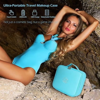 MOMIRA Travel Makeup Bag Cosmetic Bag Makeup Organizer Bag with Lighted Mirror, Adjustable Brightness in 3 Color Scenarios, Waterproof Makeup Train Case, Gift for Women - Diamond Blue