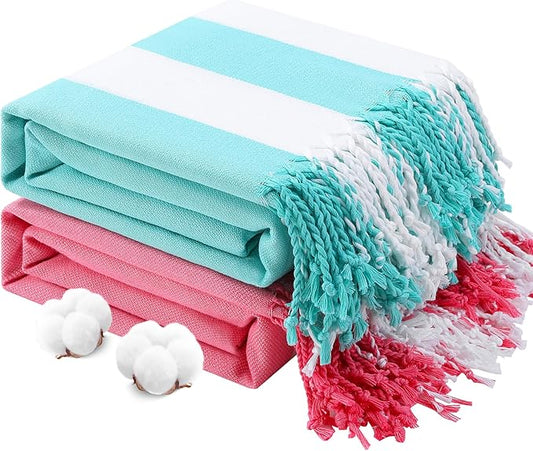 Genovega 2 Packs Oversized Turkish Beach Towels 74"x38" Thin Quick Dry Sand Free Pool Swim Bathing Towel Extra Large Travel Blanket Adult Essentials Accessories Summer Vacation Pink LightGreen Stripe