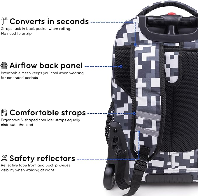 J World Sundance Laptop Rolling Backpack for Girls Boys. Roller Bookbag with Wheels, Camo