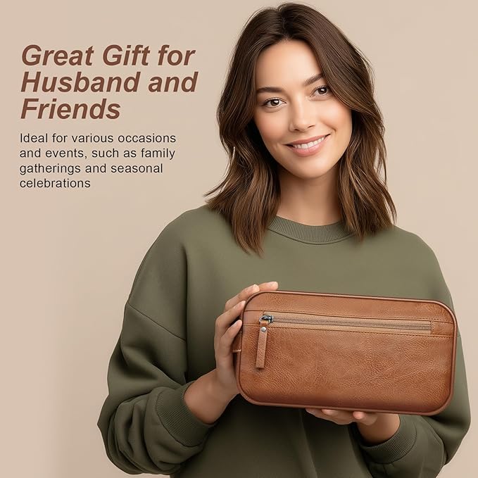 Travel Toiletry Bag for Men and Women, Travel Shaving Dopp Kit Water-resistant Bathroom Toiletries Organizer PU Leather Cosmetic Bags (Dark Brown)