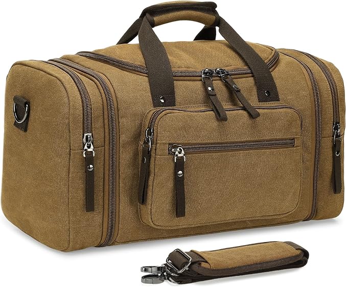 Expandable Canvas Duffel 50cm-58cm, Sturdy Zipper and Reinforced Handles, Lightweight Carry-On Weekender Bag for 3-5 Day Trips, Coffee