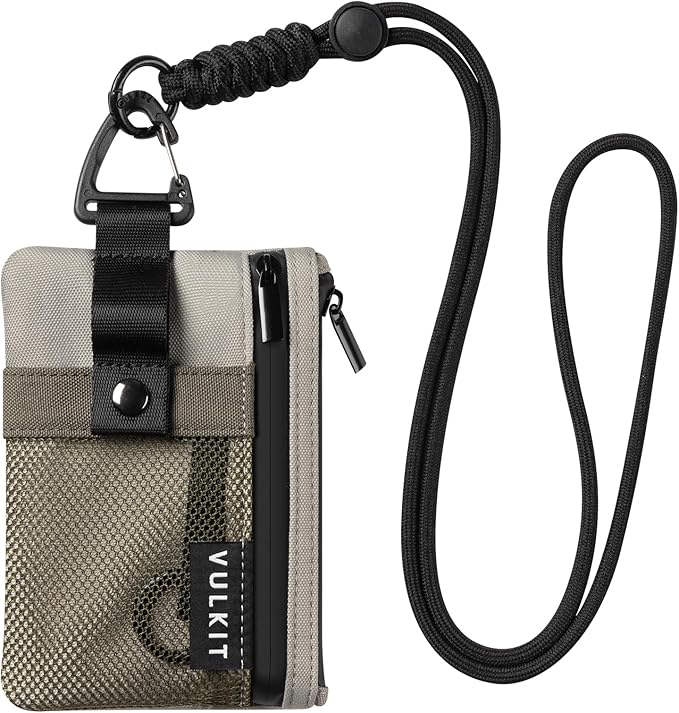 VULKIT Small RFID Wallet for Women & Men – Minimalist Zipper Wallet with ID Window, Keychain & Carabiner, Holds 15 Cards, Water Resistant Travel Lanyard Wallet Olive Green