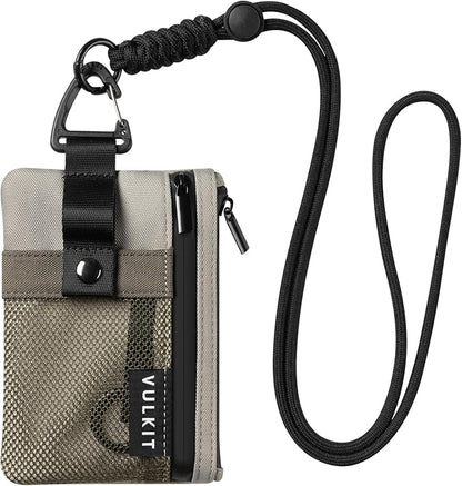 VULKIT Small RFID Wallet for Women & Men – Minimalist Zipper Wallet with ID Window, Keychain & Carabiner, Holds 15 Cards, Water Resistant Travel Lanyard Wallet Olive Green