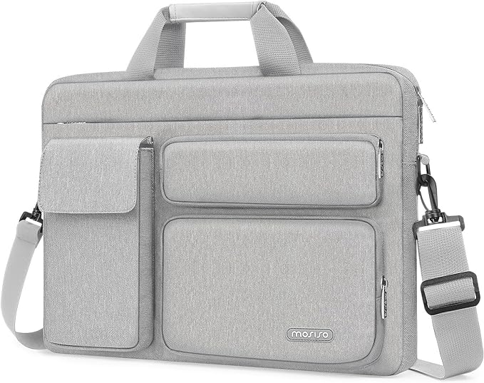 MOSISO Laptop Shoulder Bag 15.6 inch, 15-15.6 inch Computer Bag Compatible with MacBook Pro 16 inch, HP, Dell, Lenovo, Notebook with 2 Raised&1 Flapover&1 Horizontal Pocket&Handle&Belt, Gray