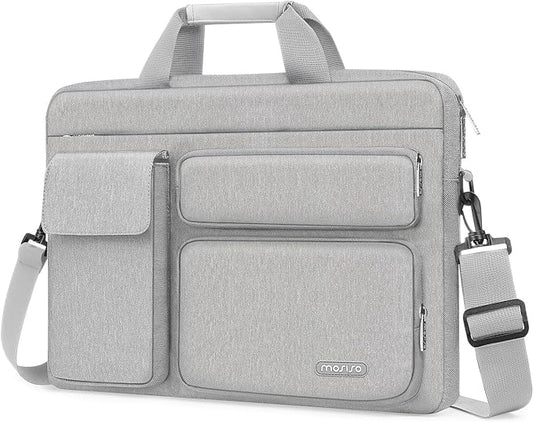 MOSISO Laptop Shoulder Bag 15.6 inch, 15-15.6 inch Computer Bag Compatible with MacBook Pro 16 inch, HP, Dell, Lenovo, Notebook with 2 Raised&1 Flapover&1 Horizontal Pocket&Handle&Belt, Gray