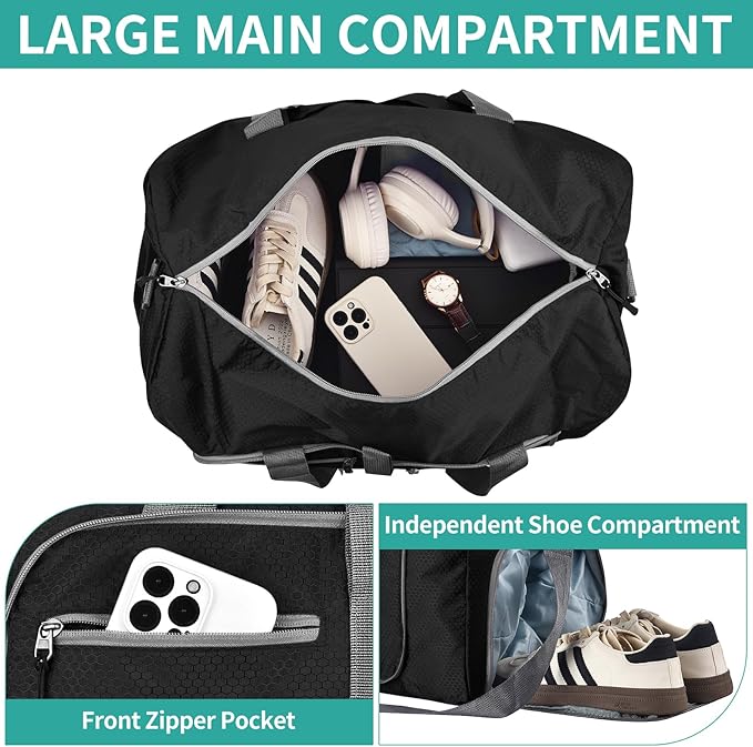 Dimayar Travel Duffle Bag for Men Women - Foldable Duffel Bag with Shoes Compartment - Overnight Bags Waterproof & Tear Resistant(65L,Black)