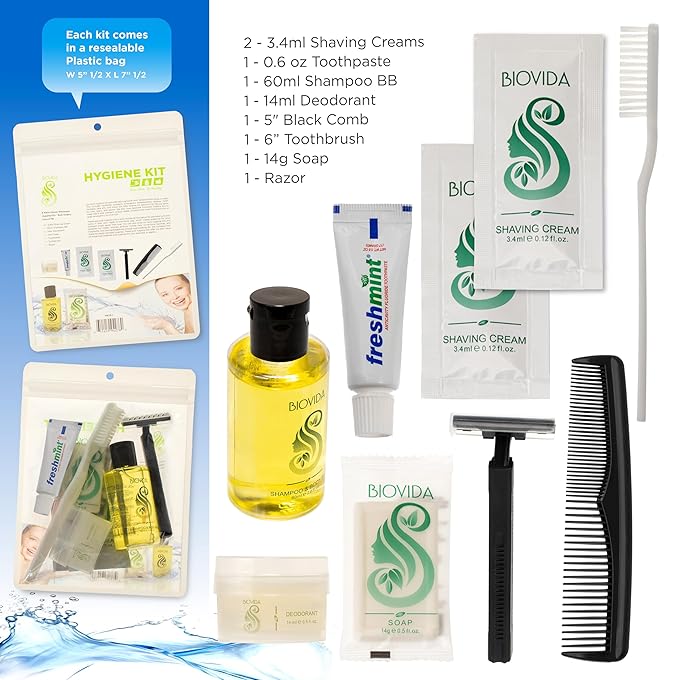 Moda West 96 Hygiene Kits - Bulk Case of Wholesale Basic Toiletry Kits for Men, Women, Travel, Charity 8 Pc Kit