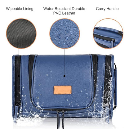 MIRASON Hanging Toiletry Bag for Men PVC Leather Dopp Kit Waterproof Travel Organizer Bag with Sturdy Metal Hook and Handle for Bathroom Shower Cosmetics Camping Brushes Shaving (Blue)