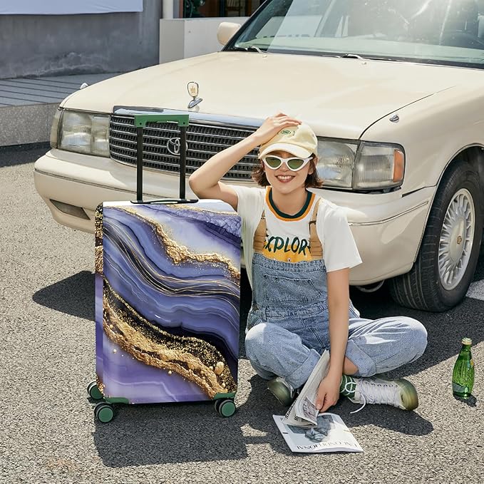 FOREVER QUEEN Luxury Golden Purple Marble Luggage Cover Suitcase Protector Suitcase Cover Anti-Scratch,Stretchable Bag Cover Washable Durable Polyester