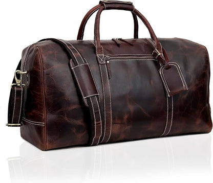 21 Inch Genuine Buffalo Leather Travel Duffle Bag | Overnight Weekend Leather Bag | Sports Gym Duffel for Men| Airplane Under Seat Carry on Bags (brown)