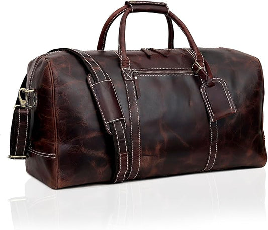 21 Inch Genuine Buffalo Leather Travel Duffle Bag | Overnight Weekend Leather Bag | Sports Gym Duffel for Men| Airplane Under Seat Carry on Bags (brown)