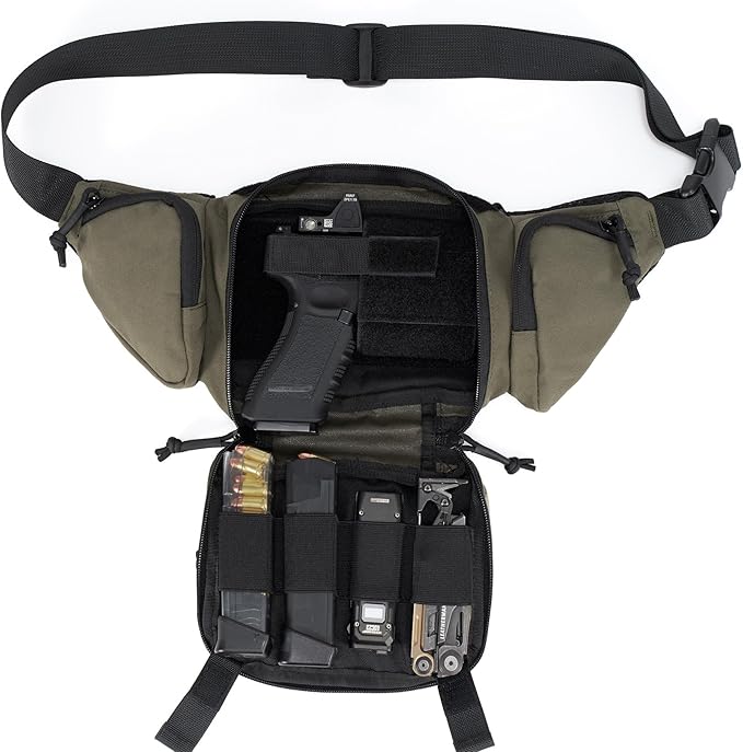 Tactical Fanny Pack CCW Gun Waist Bag for Men and Women with Pistol Holster, Low Profile Concealed Carry Everyday Hip Pack for Hiking Travel Outdoor Running Hunting, Range Green