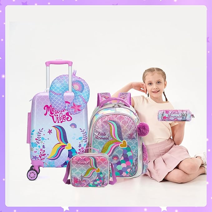 Cute Pink Mermaid Kid’s Luggage Set 5 Piece Suitcase Set 16’’ Hardside Luggage with Spinner Wheels Girls Boys Carry on Toddler Luggage Travel Rolling Luggage Carry on Luggage Airline Approved