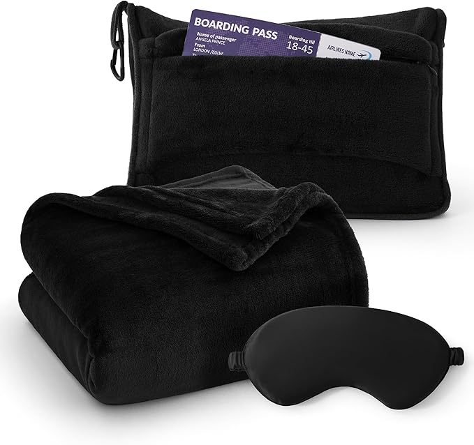 Bedsure Travel Blanket Airplane Compact with Storage Bag, Packable Blanket with Eye Mask, Lightweight 2-in-1 Travel Essentials, Functioned as Pillow for Airplane Comfort and Warmth, Black