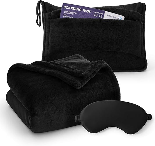 Bedsure Travel Blanket Airplane Compact with Storage Bag, Packable Blanket with Eye Mask, Lightweight 2-in-1 Travel Essentials, Functioned as Pillow for Airplane Comfort and Warmth, Black
