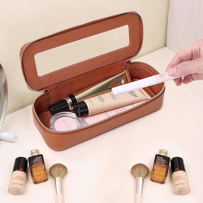 Pinkmik Makeup Brush Bag Slim Clear Makeup Bag Transparent Travel Cosmetic Case & Toiletry Bag with Zipper Small Beatuy Makeup Bag Purse Organizer for Women (X/Brown, SLIM)