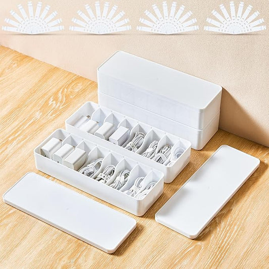Tatuo 4 Pcs Cable Organizer Box with Wire Ties, Plastic Cord Storage Box with Lid, Electronics Organizer for Home Office Desk Organizers and Accessories (White)