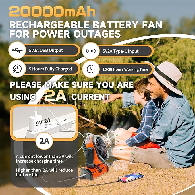 20000mAh Oscillating Camping Fan - Battery Operated Misting Fan with Timer, USB-C, Dual Motor & LED Light for Tent, Beach, Jobsite, Emergency