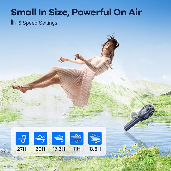 HandFan Upgraded Handheld Fan, 5 Speeds Strong Airflow Hand Fan [Max 27 Working Hours], 180° Foldable Compact Design Personal Fan Handheld with Portable Power for Travel/Disney/Concerts/Women (Blue)