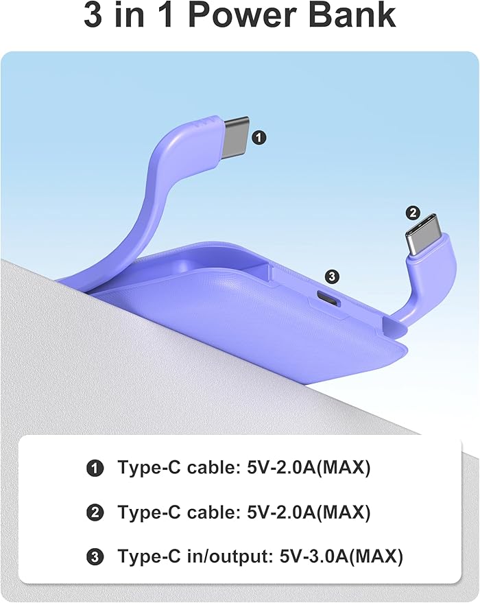 miisso 10000mAh Compatible with iPhone 15/16/17 and Android, Slim Portable Charger with Built in Cable, Power Bank Travel Charger External Battery Pack for Phone, 3 Output USB Type C Cord, Purple