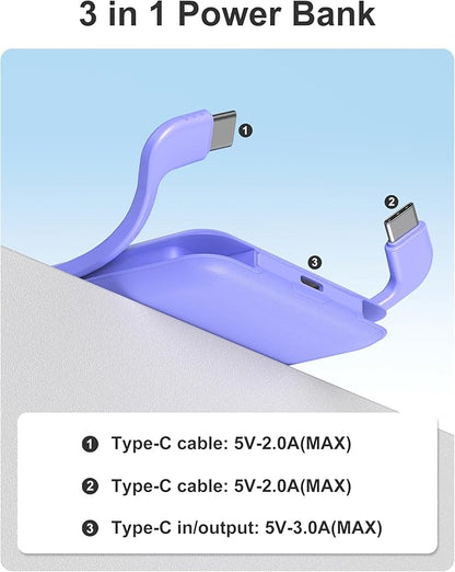 miisso 10000mAh Compatible with iPhone 15/16/17 and Android, Slim Portable Charger with Built in Cable, Power Bank Travel Charger External Battery Pack for Phone, 3 Output USB Type C Cord, Purple