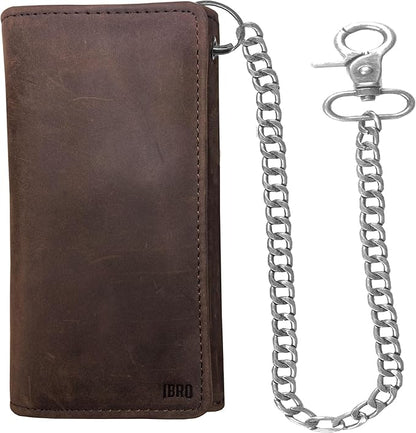 IBRO VINTAGE Motorcycle Chain Wallet for Men – Premium Cowhide Leather, RFID Tri-Fold Biker Wallet with Heavy Duty Chain for Bikers Truckers & Hunters, Credit Card Money Organizer Long Wallet