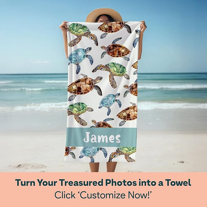 Ships Next Day - Personalized Beach Towel for Kids & Adults - Printed in USA - Custom Towels with Picture and Text - Quick Dry Pool Towels - Cotton/Poly Blend - 30" x 60" - Sea Turtles