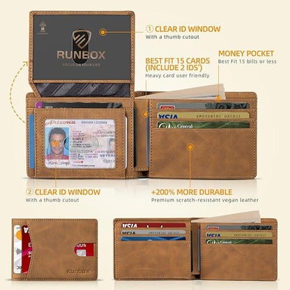 RUNBOX Wallet for Men Slim Rfid Leather 2 ID Window With Gift Box
