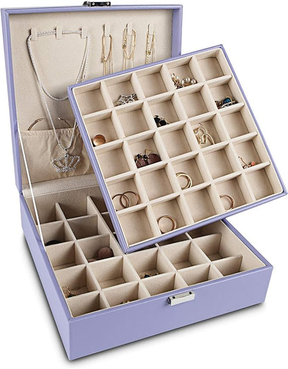 Frebeauty Earring Organizer Classic Jewelry Box 50 Slots Double Layer Jewelry Storage Case with 6 Necklace Hook and Bracelet Pocket(Purple)