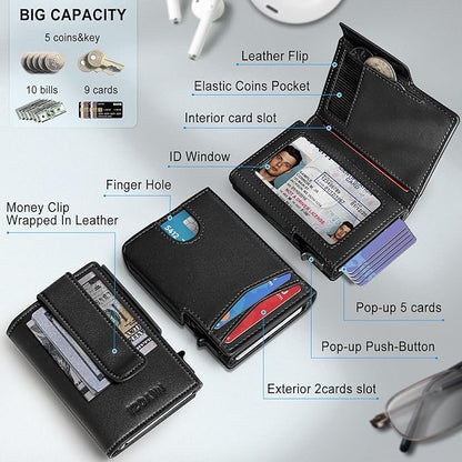 Men Wallet,with Money Clip Coins Pocket ID Window,Slim Front Pocket RFID Blocking Pop-up Card Holder 3.9"x 2.7", Gift Boxed
