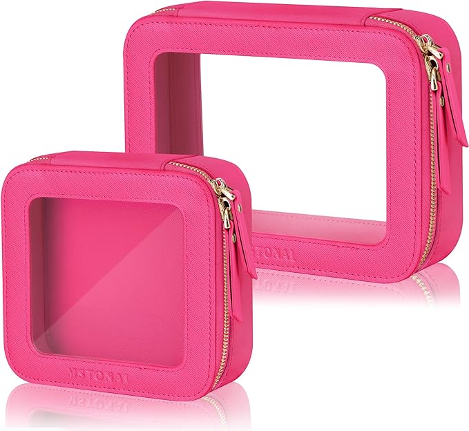 Clear Makeup Bag, Travel Toiletry Bag Cosmetic Case for Women, Waterproof Portable Make Up Skincare Pouch with Zipper, Compact Car Organizer Bag for Essentials, Mini & Medium, Hot Pink