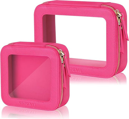 Clear Makeup Bag, Travel Toiletry Bag Cosmetic Case for Women, Waterproof Portable Make Up Skincare Pouch with Zipper, Compact Car Organizer Bag for Essentials, Mini & Medium, Hot Pink