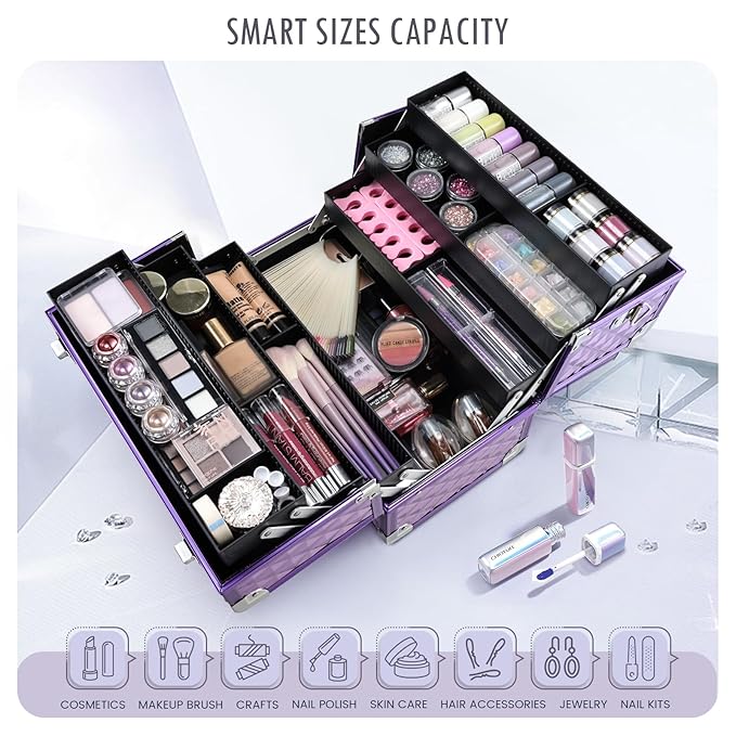 FRENESSA Makeup Train Case Makeup Case 12.6 Inch Large Cosmetic Box Organizer Travel Storage Professional Make Up Train Carrying Case with 6 Trays Locking Shoulder Strap Hard Vanity Storage Purple