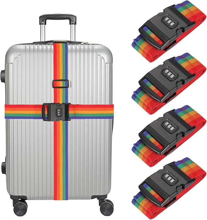 MECCANIXITY Luggage Straps with Combination Lock Adjustable Suitcase Belt Strap for Suitcase Briefcase Backpack Travel, Rainbow, Pack of 4