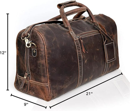 21 Inch Genuine Buffalo Leather Travel Duffle Bag | Overnight Weekend Leather Bag | Sports Gym Duffel for Men| Airplane Under Seat Carry on Bags (brown)