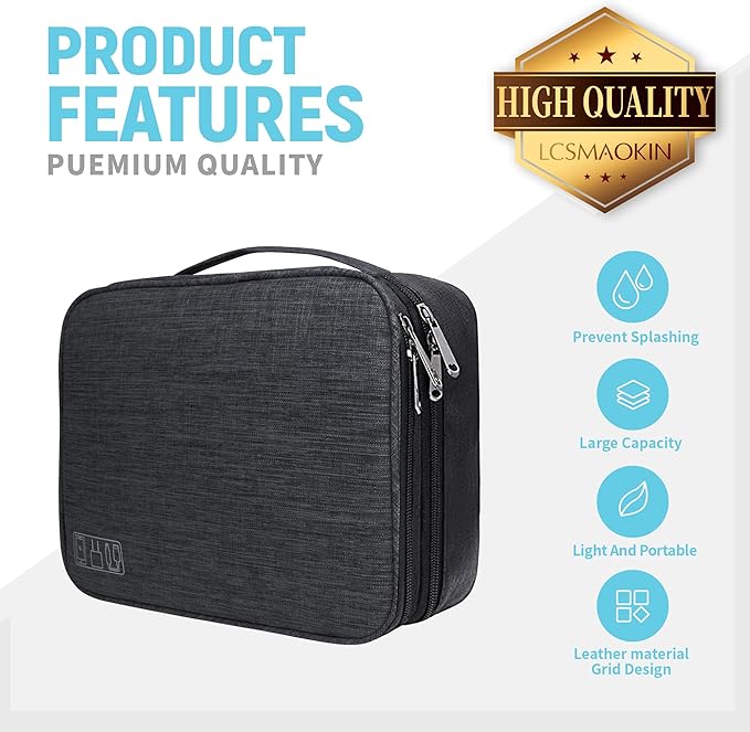 Electronics Travel Organizer,Large Double Layer Portable Waterproof Travel Organizer Bag for Charging Cable Storage,Ipad,Power Bank,Hard Drive etc,for Travel,Business,5pcs Cable Ties-Black