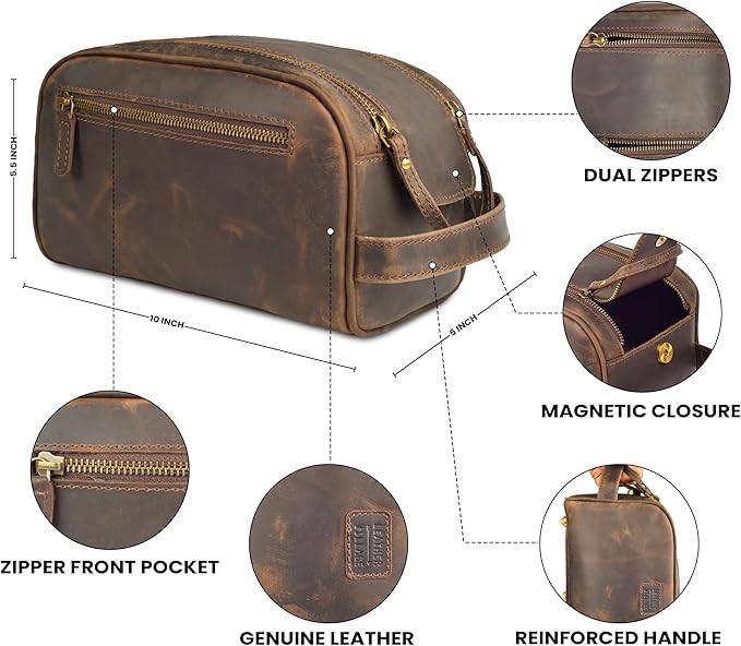 LEATHER VILLAGE Premium Leather Toiletry Travel Pouch With Waterproof Lining - Brown | King-Size Handcrafted Vintage Dopp Kit Bag, Shaving & Bathroom Organizer, Gift for Men & Women