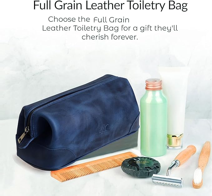 HLC Leather Toiletry Bag for Men - Best Gift for Men - Premium Genuine Leather Dopp Kit Shaving Kit Organizer Travel Kit Pouch Bag for Men - Large Size (blue)