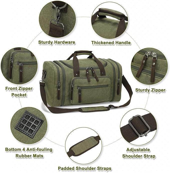 Expandable Canvas Duffel 50cm-58cm, Sturdy Zipper and Reinforced Handles, Lightweight Carry-On Weekender Bag for 3-5 Day Trips, Green